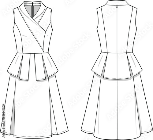 cad drawing flat vector illustration, sleeveless dress fashion sketch, wrap bodice design, peplum detail template, apparel technical drawing, garment construction