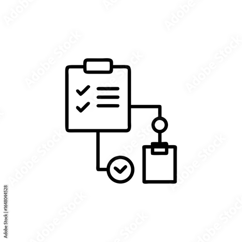 Outline icon of connected clipboards with checklist and checkmark