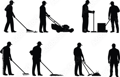 Silhouettes of men working on lawn and yard care, using tools like a lawnmower, rake, and broom, representing gardening and maintenance, flat vector illustration
