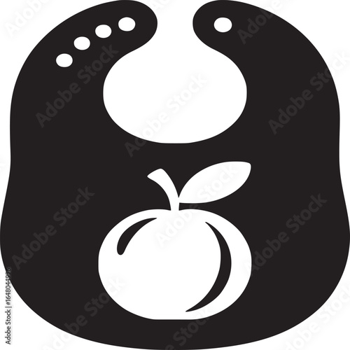 A black and white graphic of a baby bib with an apple design in the center on a white background