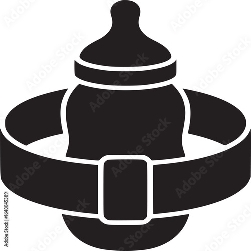 A black and white graphic of a baby bottle with a belt around it on a white background artful design