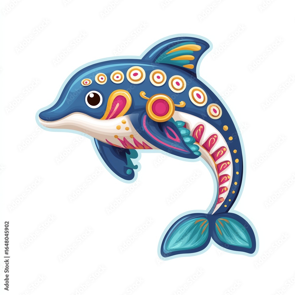Naklejka premium Playful Teal and Pink Dolphin Illustration with Decorative Patterns
