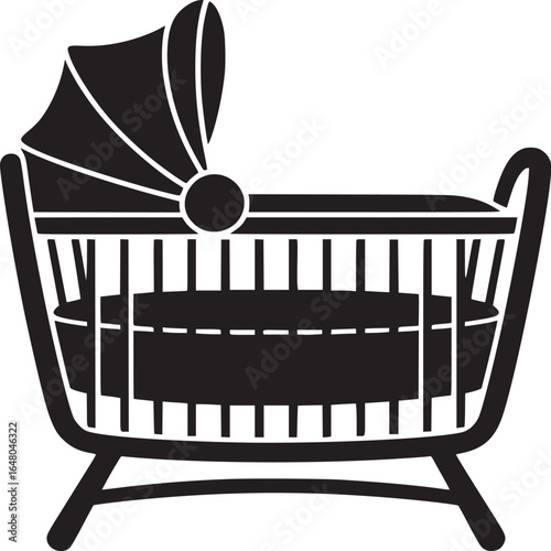 Isolated black silhouette of a baby bassinet with a canopy on a white background in minimalist style