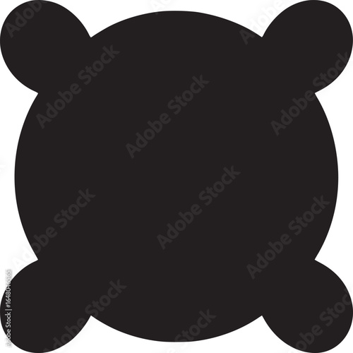 A black geometric shape featuring a large circle with four smaller circles attached to its perimeter