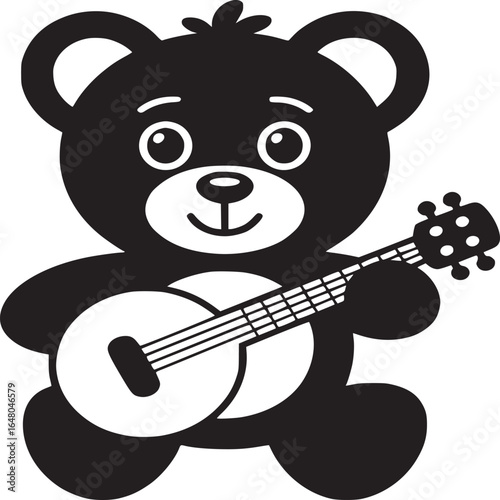 A black and white cartoon of a teddy bear playing a banjo with a happy face and round ears design
