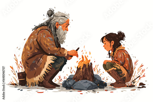 Indigenous Elder Teaching Child to Carve Wood by Campfire isolated
