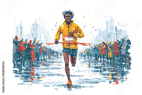 Marathon Runner Crossing Finish Line in Light Rain with crowd cheering isolated