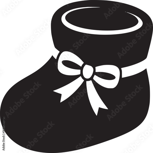 A black baby bootie with a white ribbon bow isolated on a white background in a simple vector style