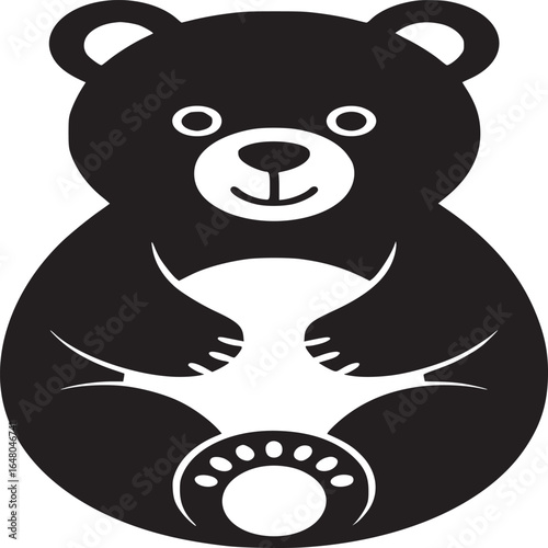 Stylized black bear sitting upright with a white belly and paw pads on a white background design icon