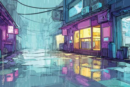 Neon Rainfall Over Cyberpunk Street Market with Hologrphic Signs isolated