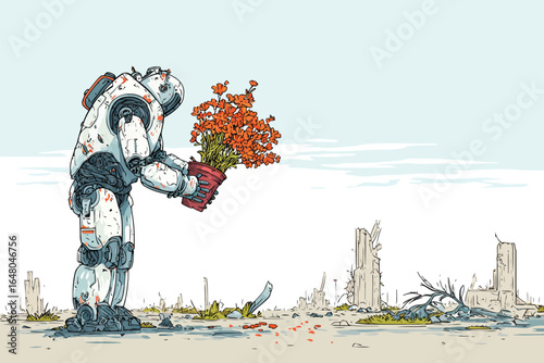 Robot Gardener Planting Flowers in a Post-Apocalyptic world isolated