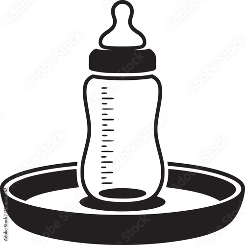 A black and white illustration of a baby bottle on a round tray with measurement markings on the bottle