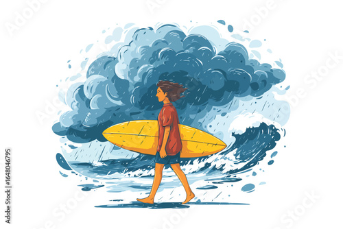 Surfer Carrying Board Across Beach with Storm Cloud isolated