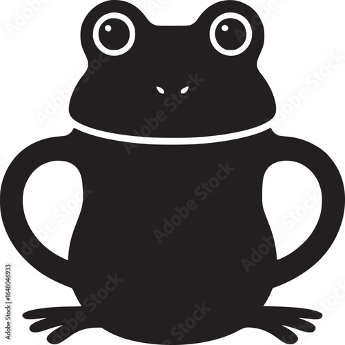 A black silhouette of a cartoon frog with large eyes and short legs on a white background image art