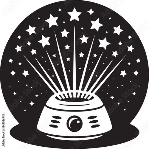 Black and white illustration of a device emitting stars against a circular night sky background
