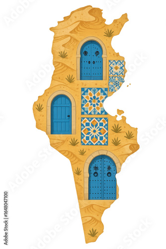 Tunisia map with traditional doors, tiles and desert landscape, transparent background