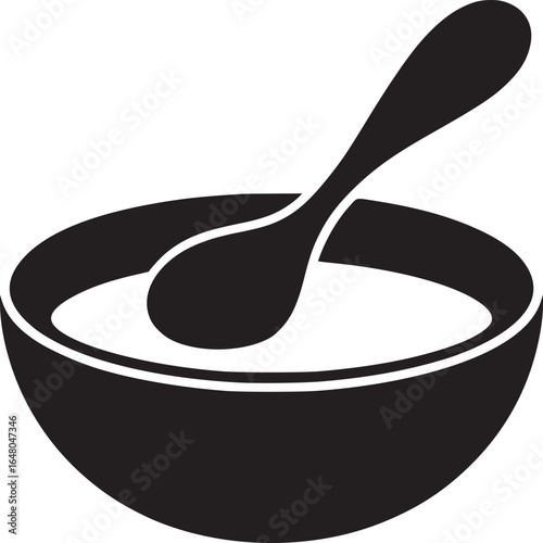 A black and white illustration of a bowl filled with liquid and a spoon resting inside of the bowl