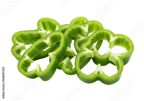 Sliced green bell pepper rings raw fresh ingredient for culinary use isolated transparent background