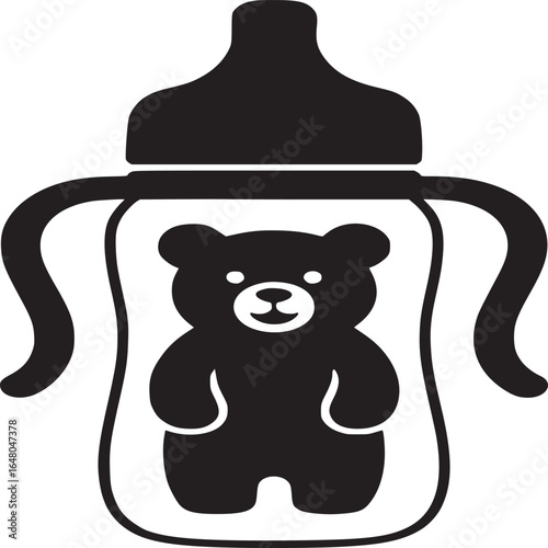 A black and white graphic of a baby bottle with a teddy bear inside of it on a white background