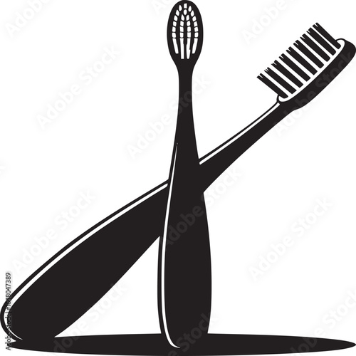 Two toothbrushes crossed in black and white minimalist design for dental care and oral hygiene concept