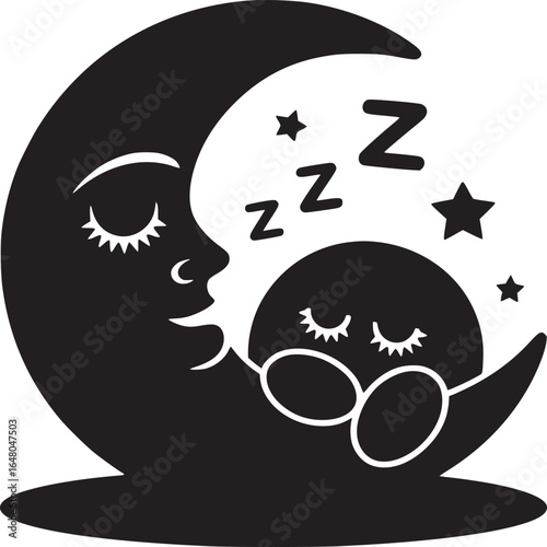 Black and white illustration of a sleeping moon and baby with stars and zzz symbols around them