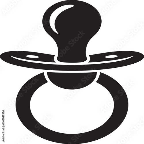A black and white graphic illustration of a baby pacifier with a ring and round top design style