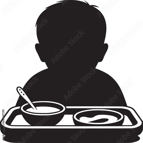 Silhouette of a child with a tray of food featuring bowls and a spoon on a white background