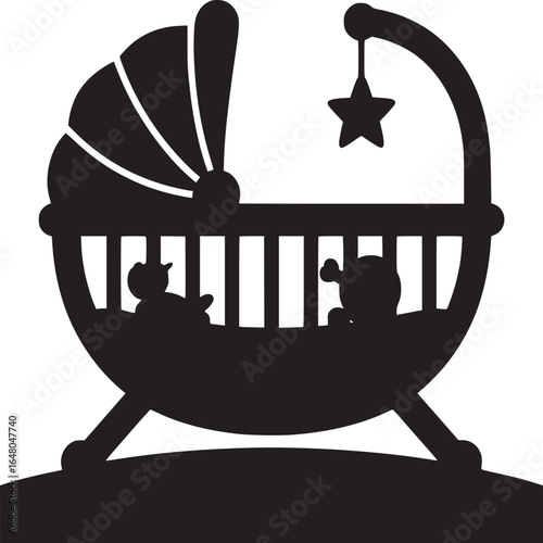 Silhouette of a baby cradle with toys and a star mobile hanging above it on a white background