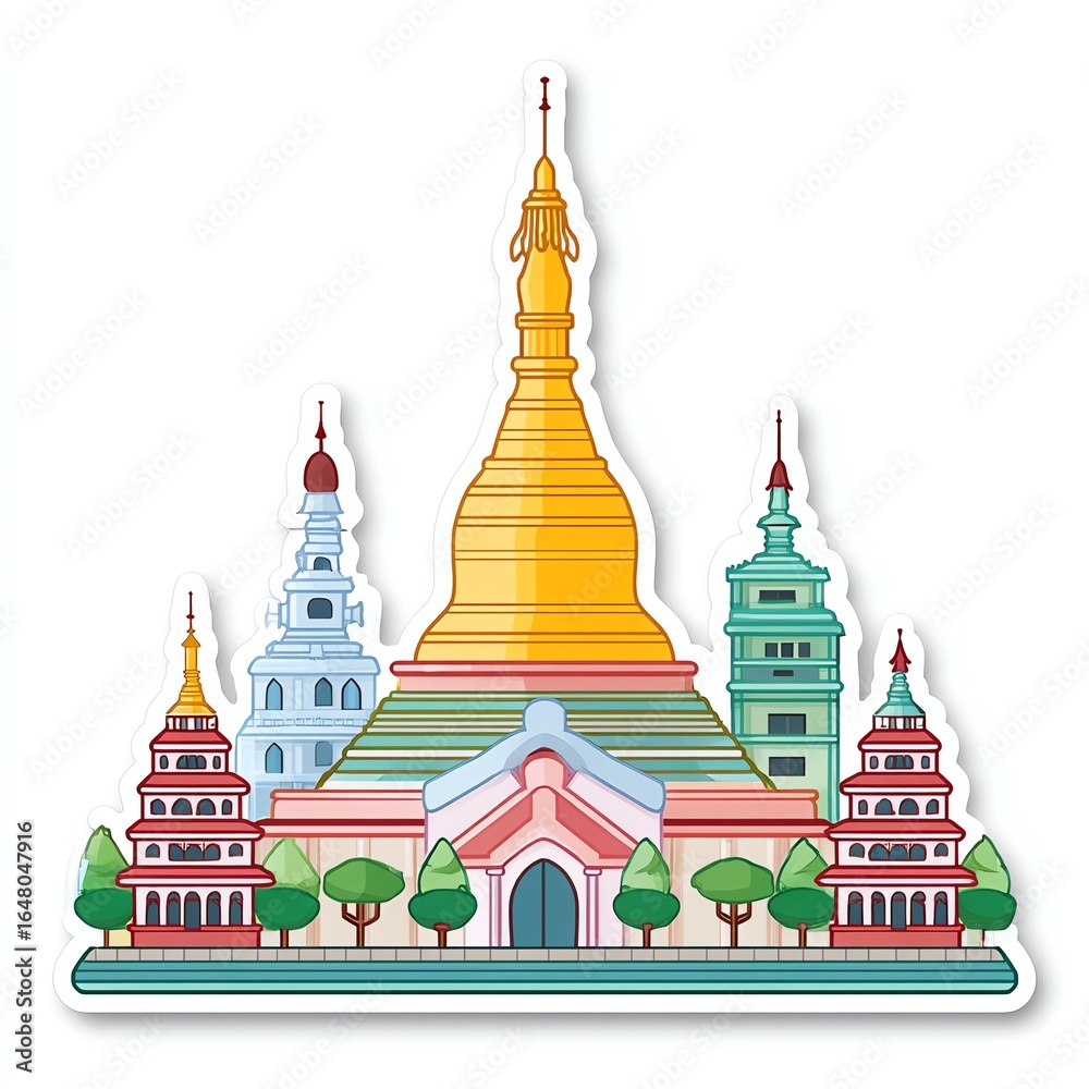 Obraz premium Colorful Asian Temple Complex Illustration with Gold Pagoda