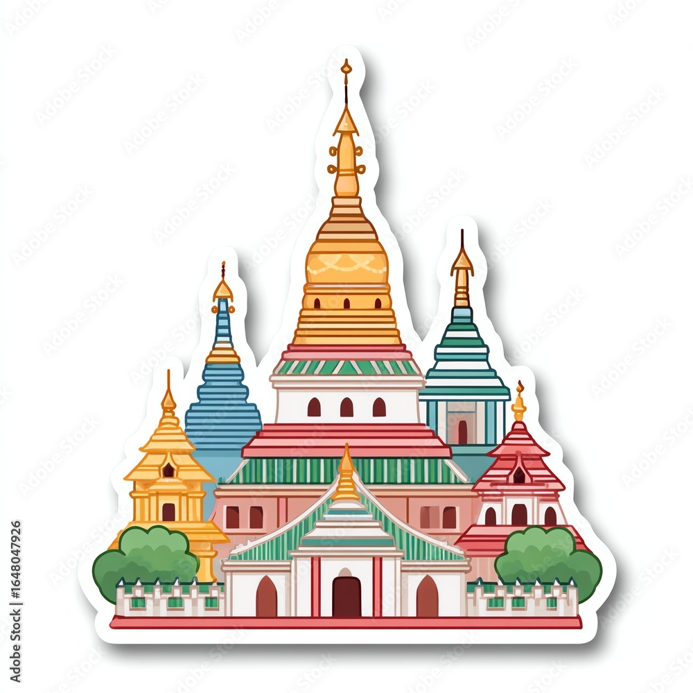 Obraz premium Colorful Asian Temple Illustration with Golden Spired Roofs