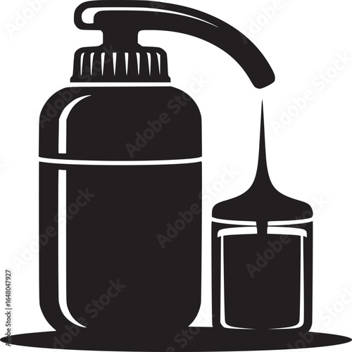 Black and white illustration of a soap dispenser filling a small container with liquid product