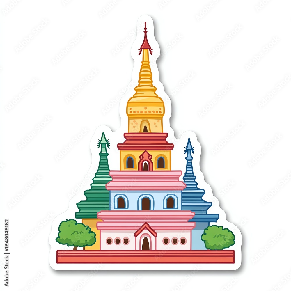 Obraz premium Colorful Tiered Pagoda Sticker Golden Spire Intricate Architecture Myanmar Cultural Illustration