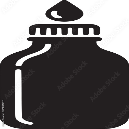 A black silhouette of a bottle with a dropper on top against a white background in a simple style