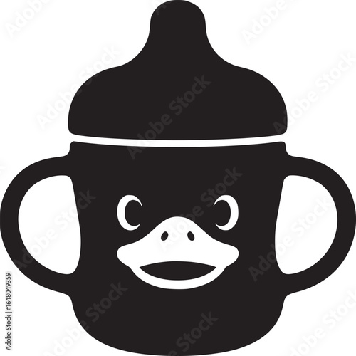 A black and white illustration of a baby bottle designed to look like a cartoon duck face graphic art