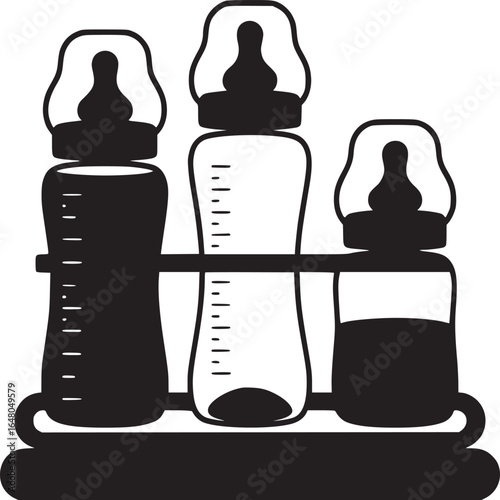 A black and white illustration of three baby bottles in a rack against a white background space provided