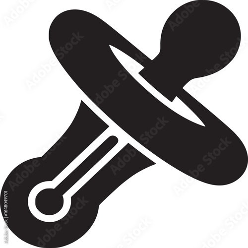 A black and white graphic illustration of a baby pacifier on a plain white background simple design