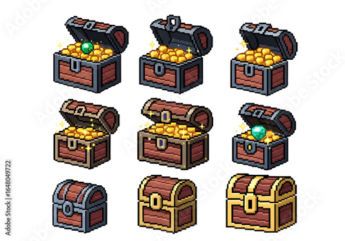 Pixel art treasure chest set multi color png on transparent background