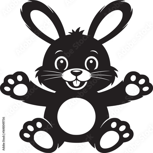 A simple black and white illustration of a cartoon bunny with paws up and a happy expression on its face