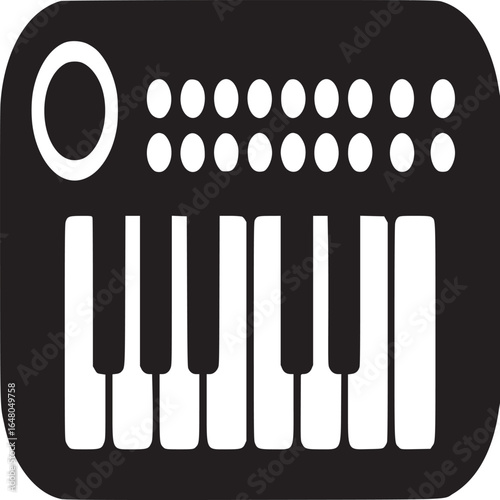 A black and white graphic of a toy piano with keys and buttons in a simple, flat design style