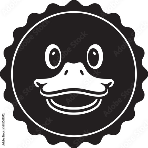 A stylized black and white duck face inside a scalloped circle on a white background design element