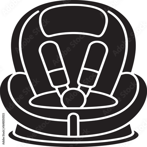 A black and white graphic illustration of a car seat with safety straps on a white background