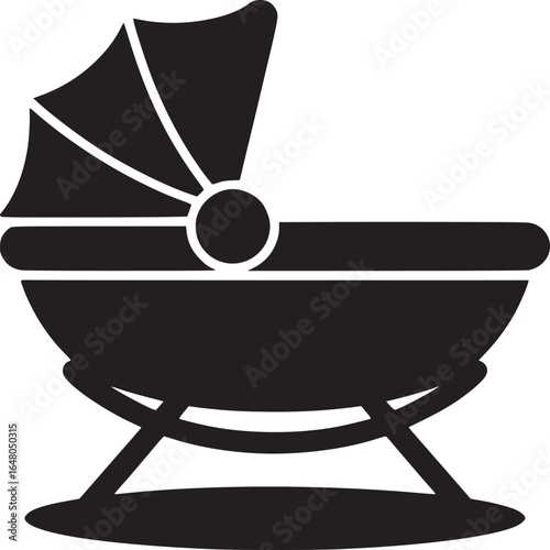 A black silhouette of a baby cradle with a hood and stand on a white background in a simple design