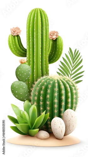 Vibrant Green Cacti and Succulents on White Background