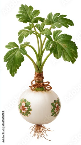 White Turnip with Green Leaves and Floral Decorations