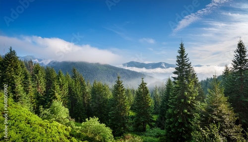 serene forest landscape featuring lush green coniferous trees in the foreground with misty mountains and soft blue sky in the background