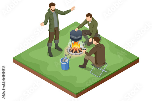 An isometric illustration of three men gathered around a campfire, with one cooking fish in a pot and a bucket of fish nearby, depicting outdoor cooking and camaraderie.