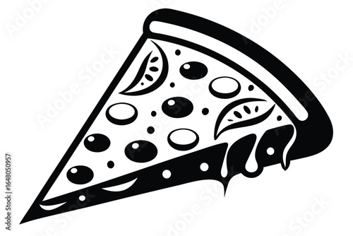 Black and White Pizza Slice Pepperoni, Cheese, and Melted Topping Illustration Image