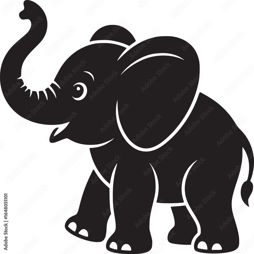 Fototapeta premium Silhouette illustration of a cartoon elephant with trunk raised and small hat on its head standing tall