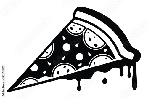 Black and White Pizza Slice Illustration with Dripping Toppings and Round Design Elements