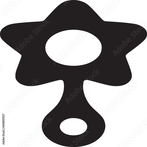 A black and white graphic of a star shaped rattle with a circle in the middle on a white background